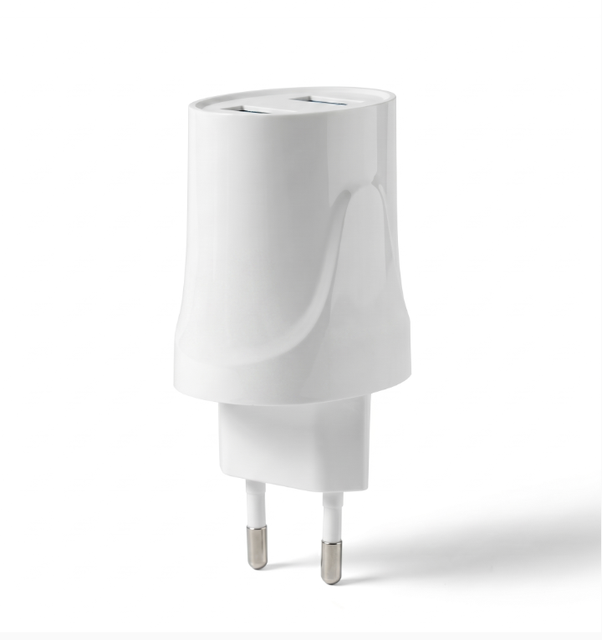 EU Plug Dual USB-A Wall Charger 5V 2.4A Max DC Output CE RoHS Certified for Laptop Mobile Phone & Camera Travel Use