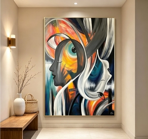 Pintura al Óleo Vibrante de Retrato Cubista, Arte en Lienzo Grueso Impasto Hecho a Mano, Arte Abstracto Multicolor con Figura Humana Texturizada para Pared - Product Image 1