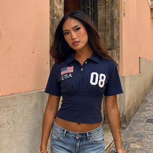เสื้อถักไหมวิสโคสทรงเข้ารูป คอเต่า สไตล์อเมริกันเรโทร สำหรับผู้หญิง ลายพิมพ์รักษ์โลก แต่งขอบเอวตัดกัน แขนสั้น เหมาะสำหรับฤดูร้อน - Product Image 1