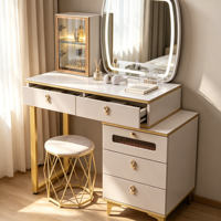 Coiffeuse moderne en bois massif de luxe durable avec miroir éclairé, tiroirs de rangement multifonctionnels et tabouret pour chambre à coucher