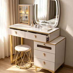 Modern Makeup <b>Vanity</b> With <b>Lighted</b> Mirror Storage Drawers And Cabinet Bedroom Dressing Table With Stool - Product Image 5