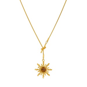 Gold Plated Sun Pendant Necklace With Simulated Tiger Eye Bezel Setting Stainless Steel Snake Chain Daily Wear Gift Jewelry - Product Image 5