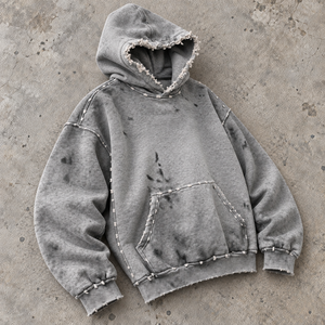 Sudadera con capucha para hombre Hongguan personalizada, de algodón grueso, estilo vintage, desgastada, con costuras sin rematar y bolsillo canguro. - Product Image 3