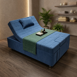 Table de massage bleue rembourrée avec cadre en bois réglable pour salon, spa, soins du visage et esthétique - Product Image 1