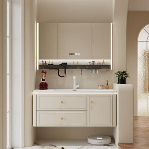 Meuble-lavabo de salle de bain en MDF laqué blanc de style européen avec armoire miroir intelligente en forme de ruche et vasque en céramique, idéal pour usage hospitalier - Product Image 5