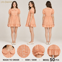 Robe mini à carreaux orange pour femme, col Peter Pan, manches bouffantes, ourlet à volants, boutonnée sur le devant, coupe trapèze, personnalisable OEM