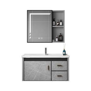Mueble de Baño de Aluminio Espacial Italiano con Acabado en Titanio, Gabinete Gris Montado en la Pared, Lavabo de Cerámica de una Pieza - Product Image 2
