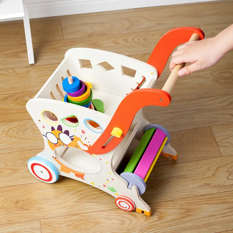 Educatieve Kinderen Peuter Push Speelgoed Houten Baby Leren Rollator Met Blokken Peuter Activiteit Push Rollator Speelgoed