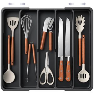 Organisateur de tiroir pliable, support de rangement pour couteaux de cuisine, boîte de rangement en plastique pour fourchettes et cuillères, plateau à couverts extensible pour tiroir - Product Image 5