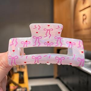 Pince à cheveux rectangulaire en PVC avec nœud et imprimé cœur, pince à cheveux mignonne pour fille - Product Image 5