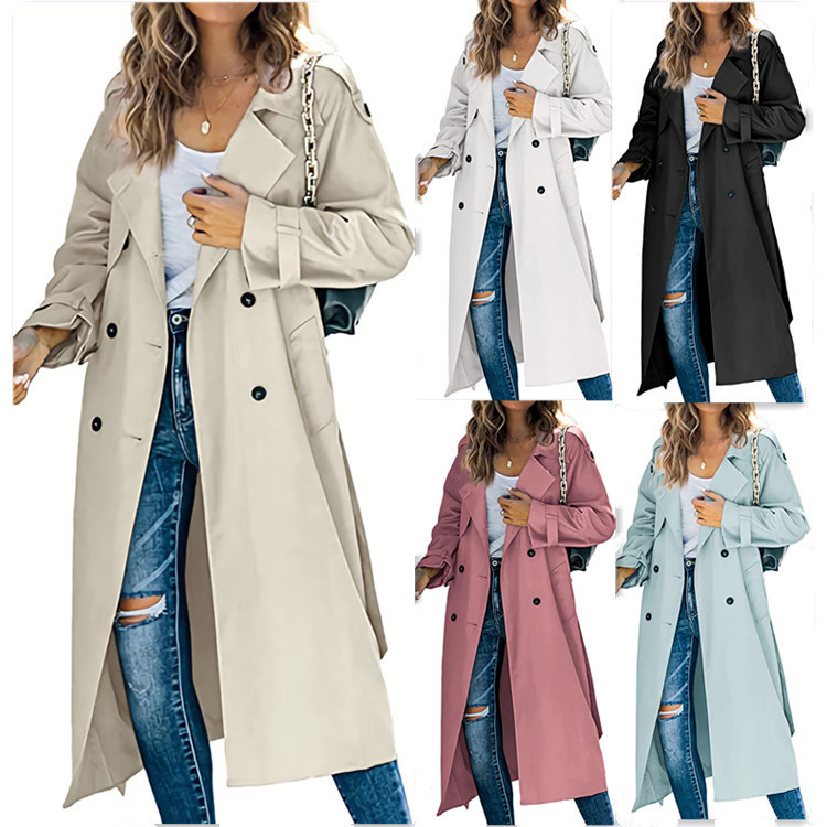 Cappotto Donna Primaverile Doppiopetto In Poliestere – Trench Lungo Antivento, Cintura In Vita, Taglie S-XL, Colori Cachi E Verde