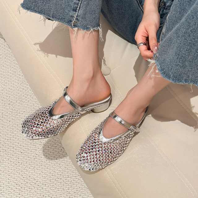 8989-1 Rhinestone Mesh Chunky Heel Pumps Spring/Summer Hollow-out Strap Fashion Kitten Heels Women's Shoes for Outdoors