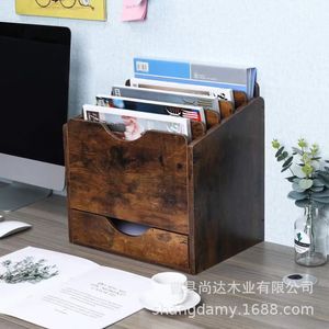Retro wooden multi-compartment <b>file</b> <b>organizer</b> for office and living room desktops, walnut color. - Product Image 3