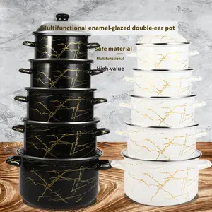 クラシック5ピース金属エナメルスープポットセットガラスカバー付き白と黒大理石仕上げダブル耳食器洗い機オーブンセーフ - Product Image 1