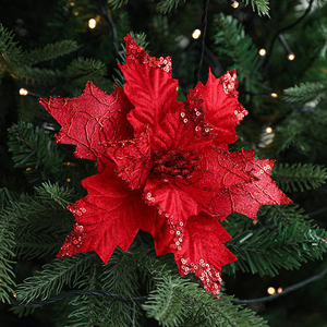 Fleur artificielle de Noël scintillante 20 cm, fleur de Noël rouge de première qualité, fleur artificielle de Noël rouge - Product Image 2