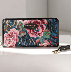 Unisex Vintage Floral Tapestry PU Leather Zipper Wallet, Business Coin <b>Purse</b> Zip Card Case ID Card Holder Clutch <b>Long</b> Card Walle - Product Image 1