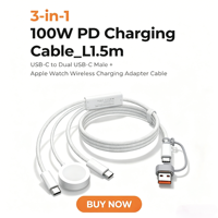 Câble tressé durable 3-en-1 100W PD 5A à charge rapide 1,5M USB-C Type-A pour téléphone Android, ordinateur et montre connectée