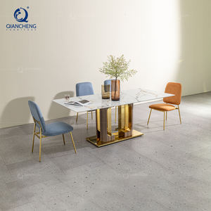 QIANCHENG Stainless Steel with Wood Grain Pattern Base <strong>Dining</strong> Room <strong>Table</strong> 78 Inches Long <strong>Marble</strong> Top Dinning <strong>Table</strong> <strong>and</strong> <strong>Chair</strong> - Product Image 4