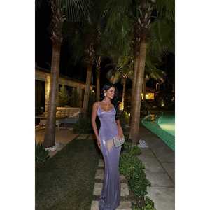 Robe de soirée trapèze brillante violette Madelyn avec taille empire et bretelles spaghetti, longueur ras du sol, pour bal de promo - Product Image 1