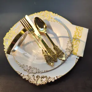 25Guests White Plastic Floral Design Party Plates With Gold Rim Premium Heavyweight Elegant Disposable Tableware Dishes