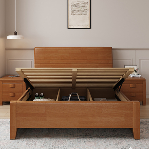 Nordic Style Solid Rubber Wood <b>Storage</b> <b>Bed</b> Frame Hydraulic Lift Drawers Eco-friendly <b>Double</b> Bedroom Furniture QN-SWB007 Modern D - Product Image 4