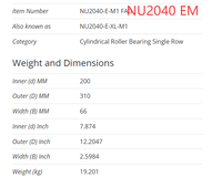 Roulement à rouleaux cylindriques NU2040-E-M1A 200x310x66mm NU2040EM