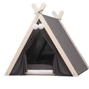Tienda de campaña tipi para mascotas Petop de nailon y polialgodón con cojín suave, decoración de pompones, plegable, casa para perros y gatos para interiores, para todas las estaciones, color rosa, en caja. - Product Image 3