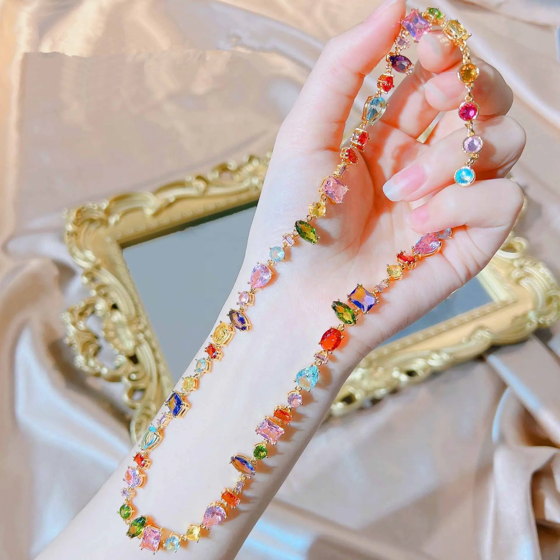 Bracelets carrés en cristal de couleur bonbon pour femmes, Design de luxe, colliers en Zircon arc-en-ciel, boucles d'oreilles, ensembles de bijoux