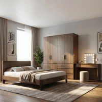Ensemble de meubles de chambre à coucher modernes 5 en 1, directement de l'usine, lit queen size avec rangement, table de chevet, armoire, commode pour petit appartement