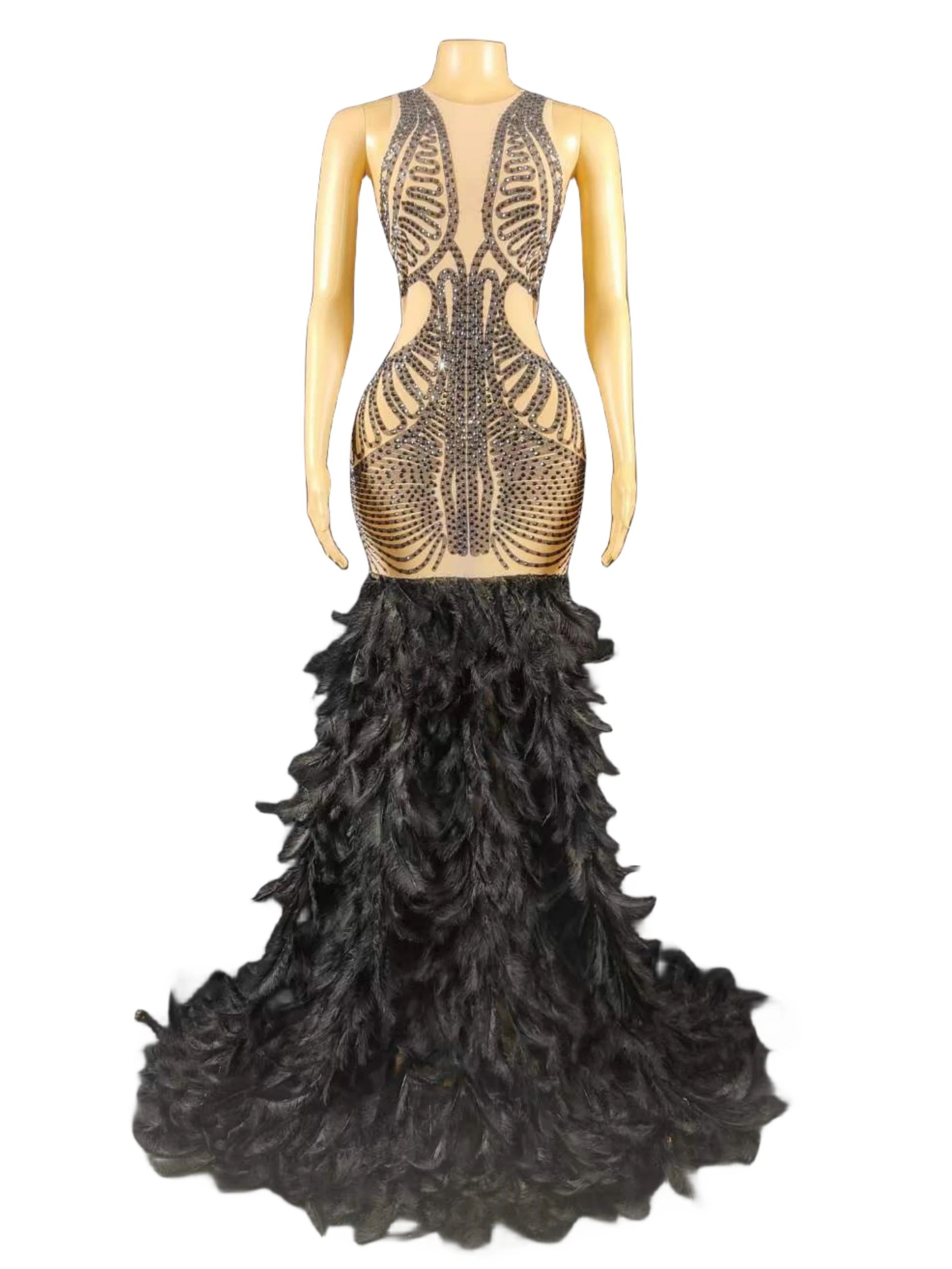 Black Feather Rhinestone Women Sparkly Long Dress Party Birthday Stage Performance Costume Carnival Rave Festival Prom Evening