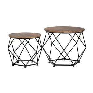 NNHY Petites tables d'appoint industrielles nordiques de luxe en bois Ensemble de 2 tables basses centrales rondes avec cadre en métal