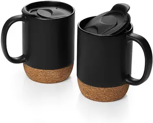 Ensemble de tasses en céramique noir mat avec fond en liège et couvercle anti-fuite, grandes tasses à café pour hommes et femmes, bureau - Product Image 1