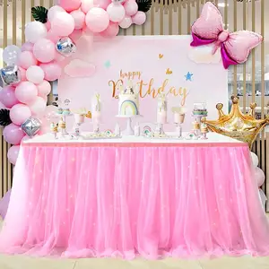 Saia de mesa de tule rosa 6 pés para mesas retangulares ou redondas com luzes LED Saias de mesa tutu decorações de festa de aniversário