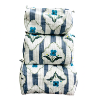 Magnifique Trousse de Toilette/Maquillage de Voyage Pliable et Matelassée en Coton Imprimé à la Main à Rayures Florales (Lot de 3) avec Fermeture Éclair