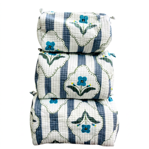 Beautiful Striped Floral <b>Hand</b> Block Printed Cotton Quilted Travel Cosmetic Makeup Pouch ( Set of 3 ) with Zipper Closure - Product Image 1