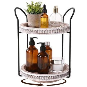 Wooden Rotatable Beaded Decorative <b>Tray</b> Round Double Layer <b>Storage</b> Stand For Bathroom Personal Care Products Distressed Finish - Product Image 5