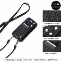 Étui de téléphone en cuir grainé avec béquille, dragonne, porte-cartes et bandoulière amovible pour iPhone 18 Pro Max Duo