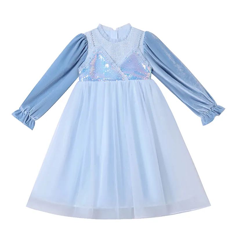Factory wholesale Long sleeved Sequined Laced Tulle Autumn Fashionable Blue girl party dress For Dancing Party