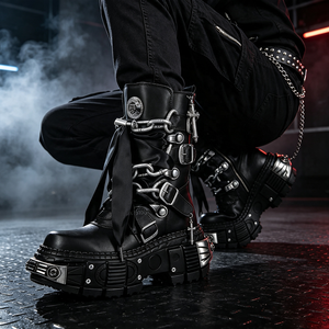 <span class=keywords><strong>Bottes</strong></span> de moto à semelle épaisse avec chaînes et clous métalliques, nouvelles <span class=keywords><strong>bottes</strong></span> à bout rond, style street punk rock, mode sportive décontractée, <span class=keywords><strong>bottes</strong></span> gothiques Y2K - Product Image 2