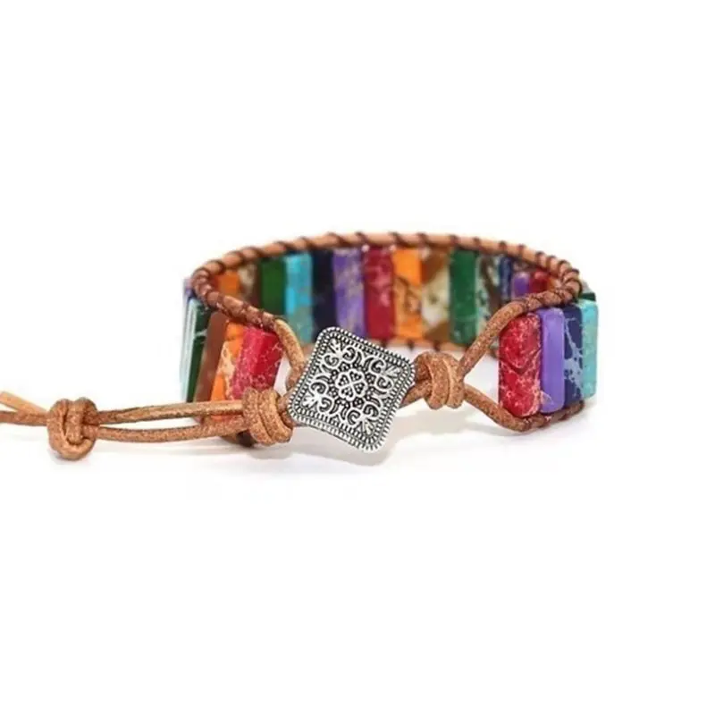 Boho Handmade Jewelry Bunte Royal Jasper 7 Chakra Armband Verstellbare Leders eil Armbänder