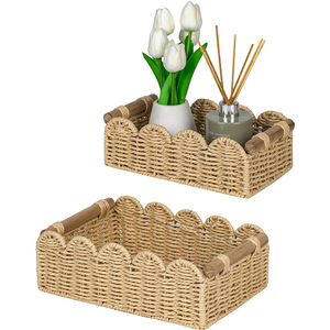 Woven <b>Storage</b> <b>Basket</b> Rectangle Fan Shaped Edge With Handles Handmade For Desktop Toy Snack Organizer Beige Brown Gray White - Product Image 1