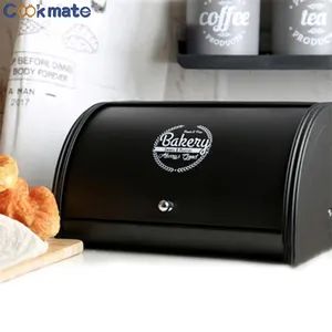 黑色面包盒金属面包盒带卷顶盖厨房储物容器桶用于家庭厨房派对食品酒店餐厅