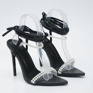 Elegant Pearls Women Ankle Lace up High Heels Thin Heel Stiletto <b>Shoes</b> Pointy Toe Lady Sexy Summer Sandals Black White Color - Product Image 5