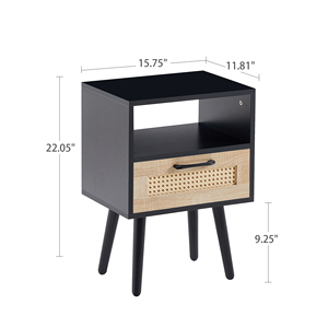 Rattan End <b>Table</b> With Drawer Solid Wood Legs Modern Nightstand <b>Side</b> <b>Table</b> For Living Room Bedroom <b>Black</b> - Product Image 3