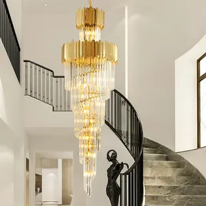 Hotel hall scala moderna lusso oro grande scala rotonda lampadario lampadari di cristallo lunghi lampade a sospensione