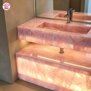 Mobile Bagno in Onice Rosa Personalizzato <span class=keywords><strong>con</strong></span> Retroilluminazione <span class=keywords><strong>LED</strong></span>, Lavabo in Pietra Naturale, Top Lusso in Pietra Naturale - Product Image 1