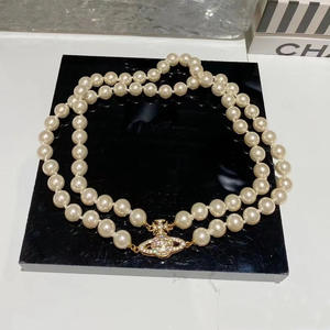 Collar de Perlas de Doble Capa con Cierre Magnético y Brazalete Saturno de Zirconia, Estilo Emperatriz Viuda, de Alta Gama - Product Image 4