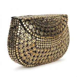 Sac à main de soirée pour femme, en métal doré, avec rivets, style bohème, forme demi-lune, chaîne, grande capacité, pour mariage - Product Image 1