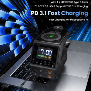 Estación de Carga GaN de 240W, 4*140W PD3.1 USB Tipo C, Cargador Inalámbrico Rápido para MacBook, iPad, <span class=keywords><strong>Samsung</strong></span>, con Reloj Despertador y Pantalla de Tiempo - Product Image 2