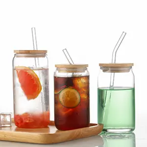 12/16/18oz può a forma di tazze bicchieri di birra bicchieri con coperchi di bambù e paglia di vetro per Cocktail Whiskey